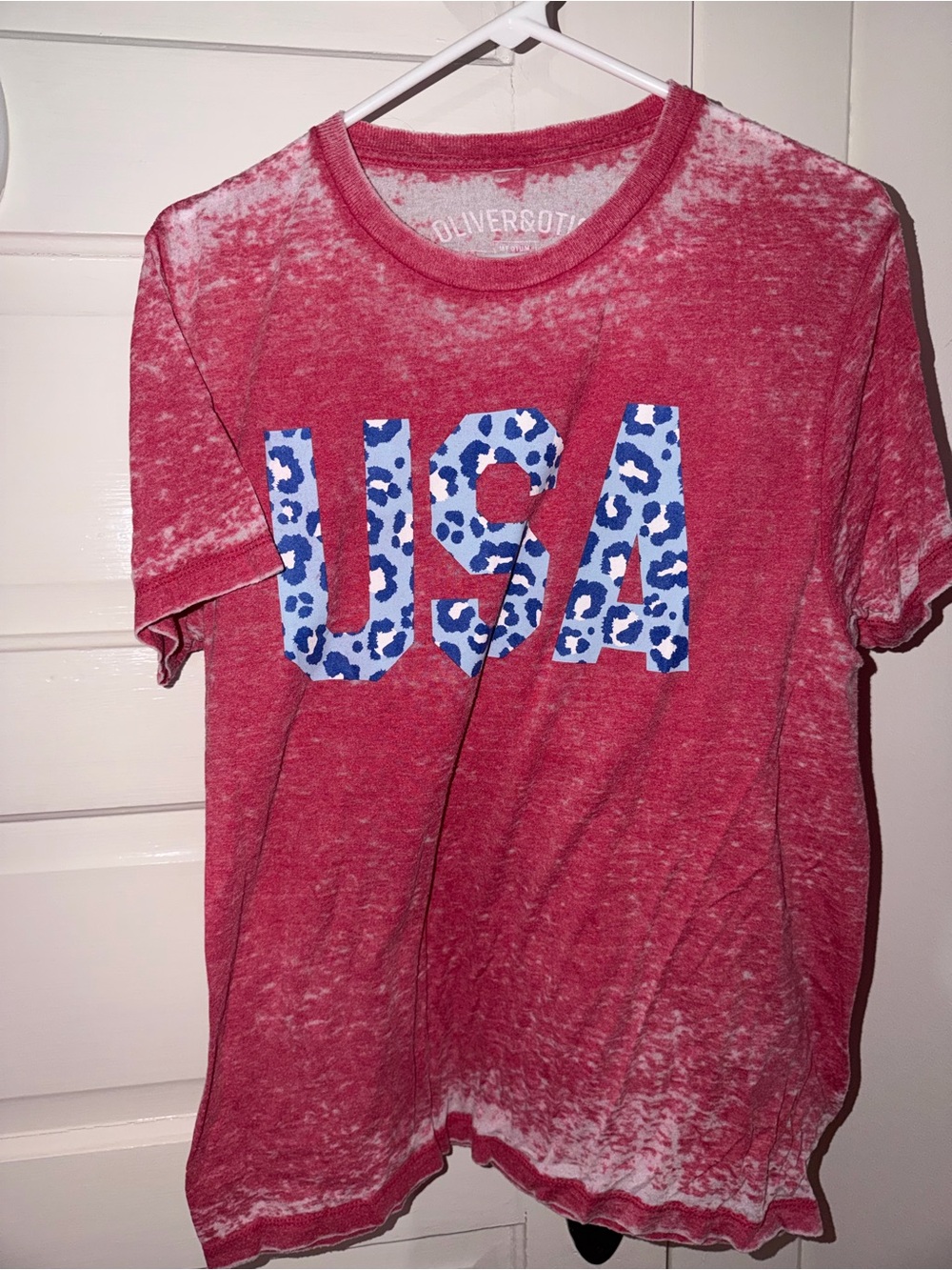 Red USA Graphic Tee with Blue Leopard Print Letters